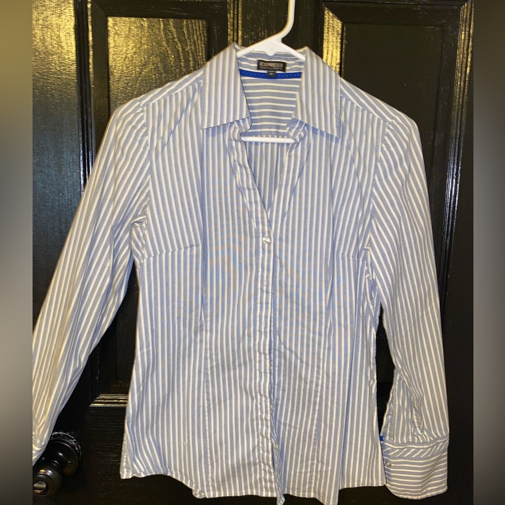 Express brand. White/blue striped button up dress shirt